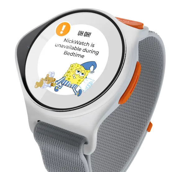 Nickwatch with a the bedtime alert on it, showcasing one of the features to limit screen time with watch for kids