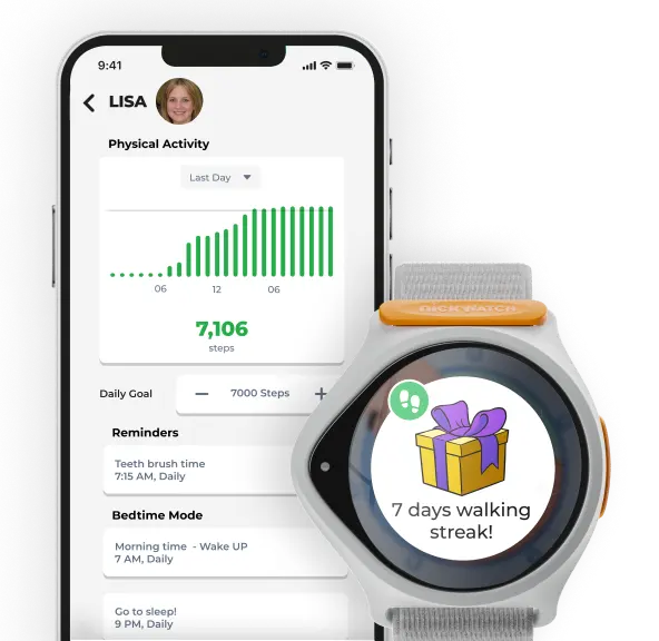 NickWatch Parent app with the kids movement tracking and step counter setting fitness golas and nickwatch face notifying the kids about a new reward