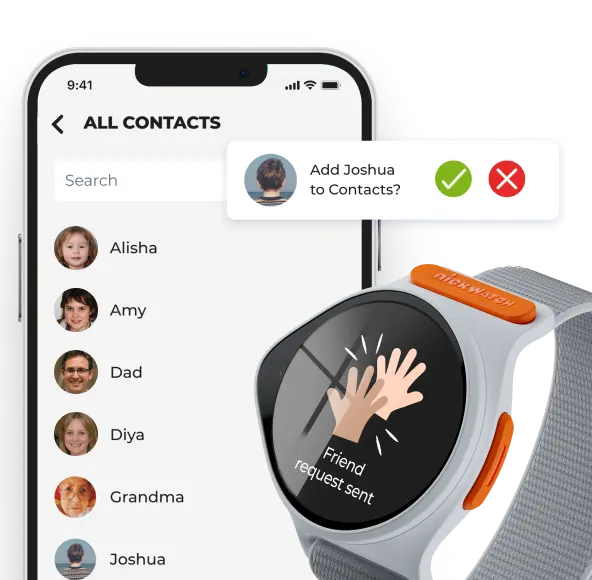 NickWatch Parent app Contact Managment in the kids watch feature for carousel and nickeatch face notifying the kids that thier friend has been approved and added