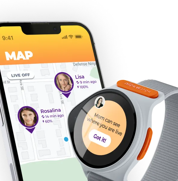 NickWatch Parent app gps live tracking kids feature for carousel and nickeatch face notifying the kids that mom is watching