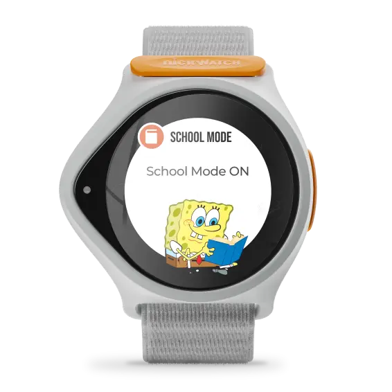 Nickwatch with a the school mode alert on it, showcasing one of the features to limit screen time or avoid classroom distroctions with the watch for kids